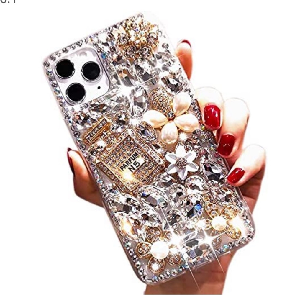 Luxury Bling Diamond Rhinestone Gemstone 3D Perfume Bottle and Flower Gemstone